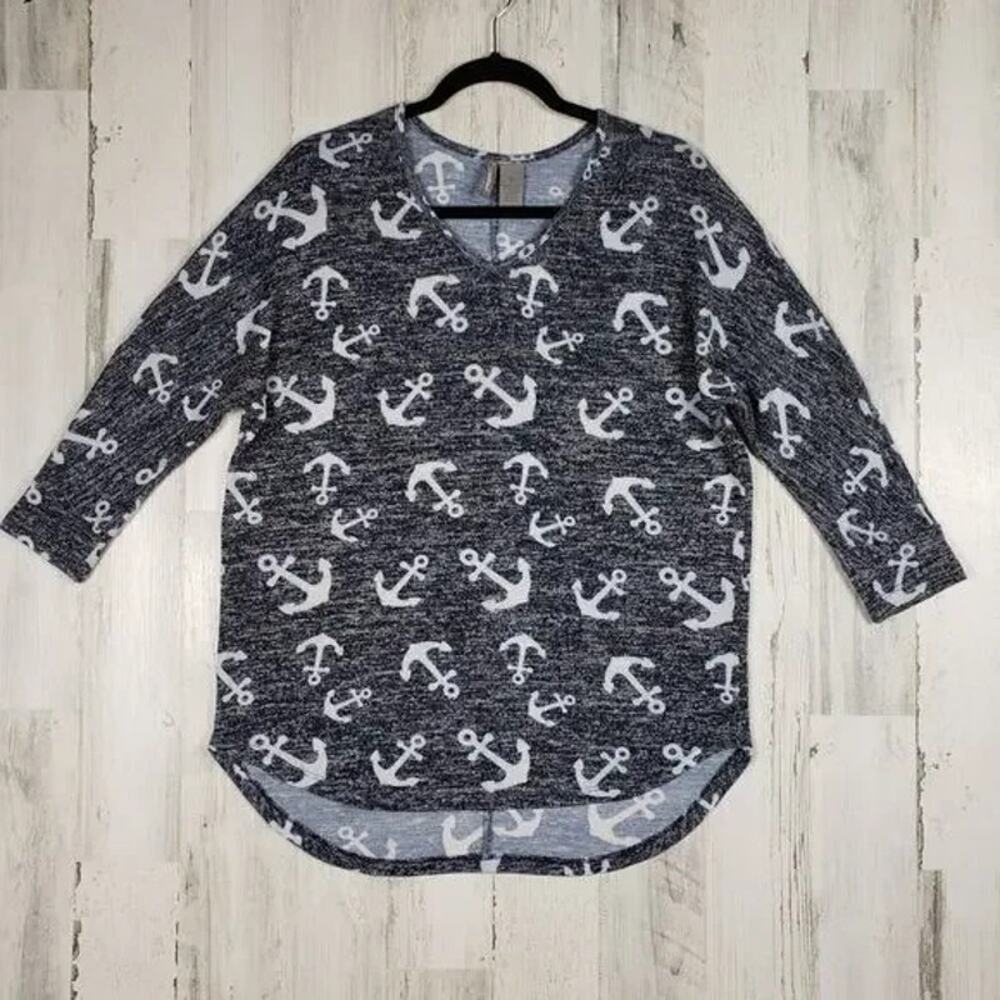 New Directions Weekend Anchor 3/4 Sleeve V-Neck Lightweight Sweater Size Large